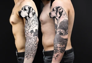 Arm sleeve that has 4 separate small Great Dane heads mixed in with other fill work that resembles the outdoors tattoo idea