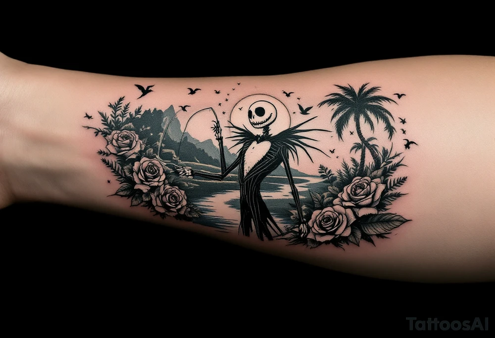 holy jack skellington with wings, fishing, river, roses, palm trees, sun, birds tattoo idea