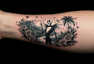 holy jack skellington with wings, fishing, river, roses, palm trees, sun, birds tattoo idea