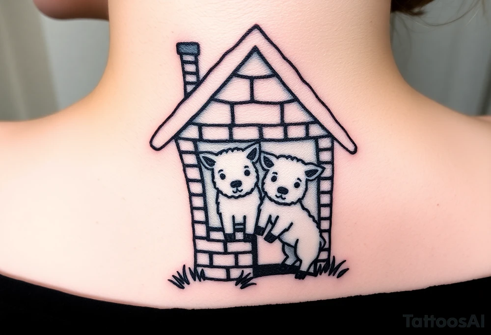 Three little pigs nursery Wolf and sheep as one hybrid 
animal hiding in a brick house from the big bad wolf I'll huff and puff blow house down tattoo idea