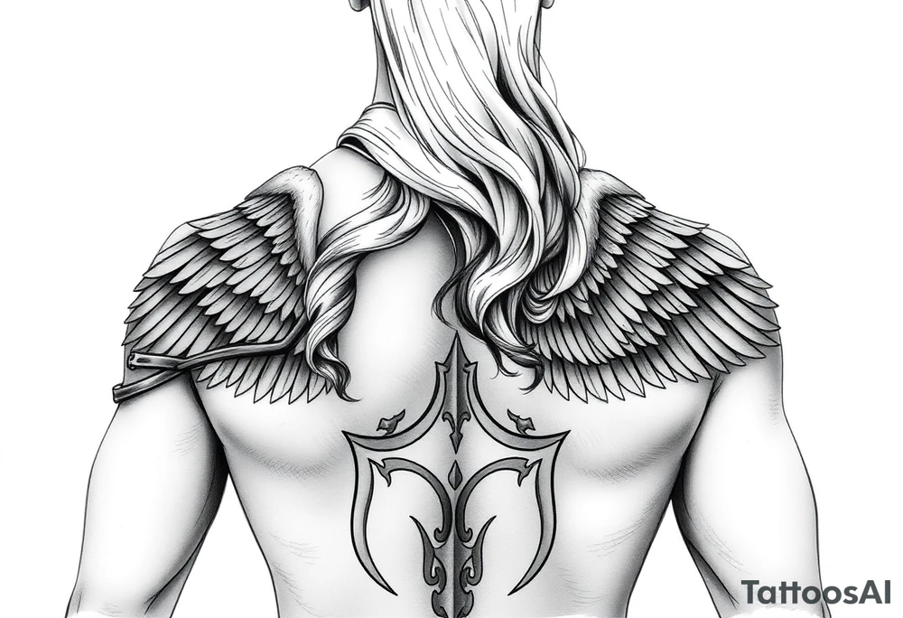 femme blonde cheveux long ondulé, en armure de chevalier tenant épée à la mais et de grandes ailes d'anges déployées tattoo idea