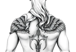 femme blonde cheveux long ondulé, en armure de chevalier tenant épée à la mais et de grandes ailes d'anges déployées tattoo idea