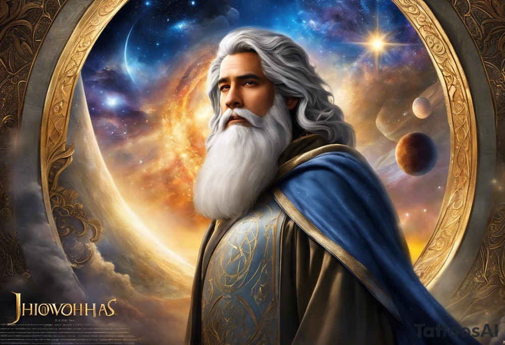 Jehovah looking out at the marvels of his creation from the atoms to the galaxy and celestial beings. With grey wash and a fantasy theme. Jehovah has to be a character who is so majestic, charismatic, immensely powerful. There isnt a single thing he isnt capable of doing. Infinitely powerful forward facing. Without the pagan styled attire and without the pagan symbols etcetera tattoo idea