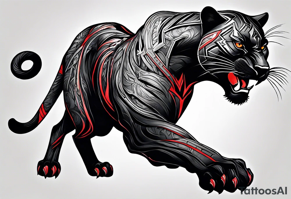 unique black panther tattoo, dynamic pose, showcasing its strength and grace, striking red eyes, intense and captivating elements, artistic flair, blending realism with abstract elements tattoo idea