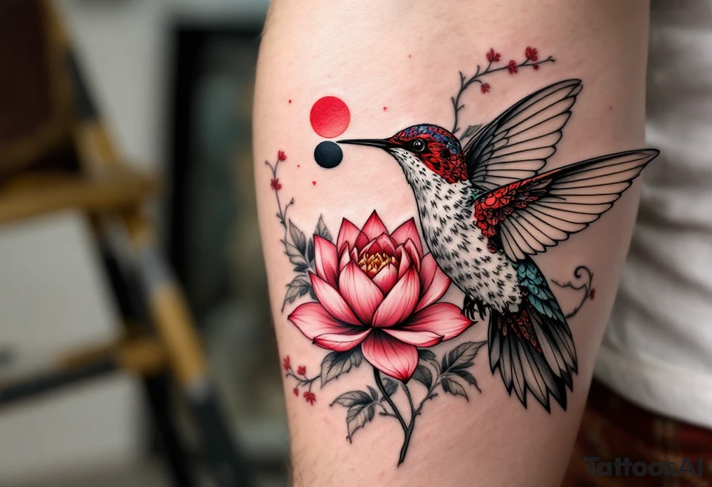 A hummingbird drinking from a lotus flower with one wing made of light (sun disc) and the other made of shadow (crescent moon) (red and black only) tattoo idea