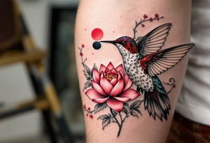 A hummingbird drinking from a lotus flower with one wing made of light (sun disc) and the other made of shadow (crescent moon) (red and black only) tattoo idea