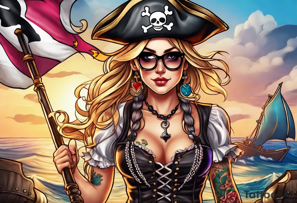 create a pirate flag with a feminine skull with two blonde pigtails and crossbones  wearing glasses tattoo idea