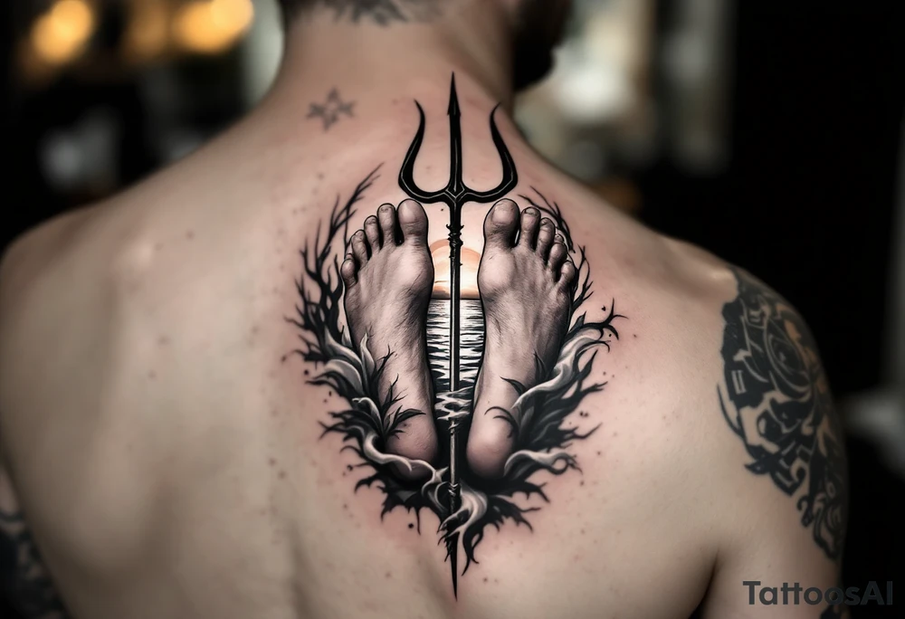 barefeet behind trident with water and sunset tattoo idea