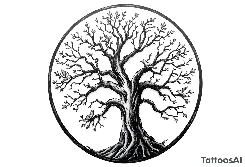Tree of life in a broken circle with birds flying out tattoo idea