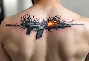 American traditional tattoo of glock with flames and a chain border tattoo idea