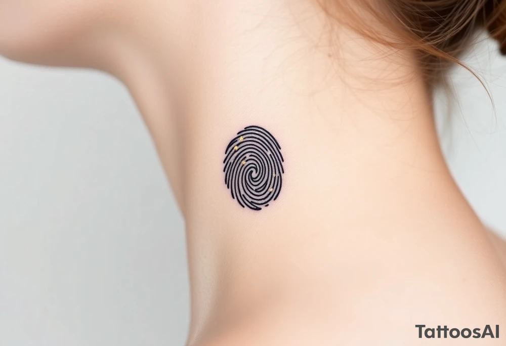 A single bold black fingerprint with delicate gold flakes scattered throughout, creating a unique textured effect tattoo idea