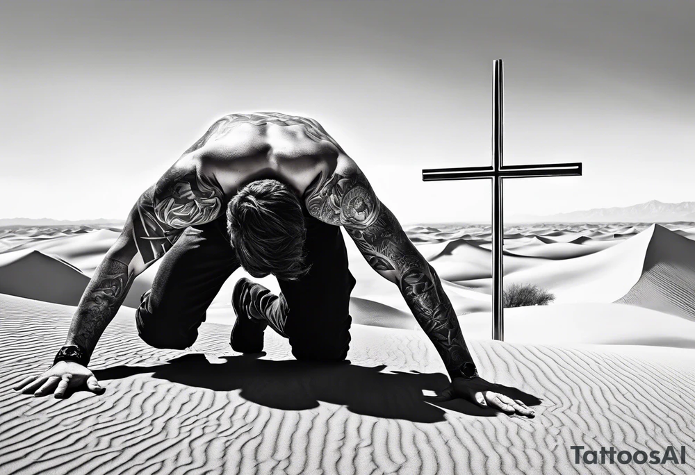 man crawling in a desert reaching to the cross of Christ tattoo idea