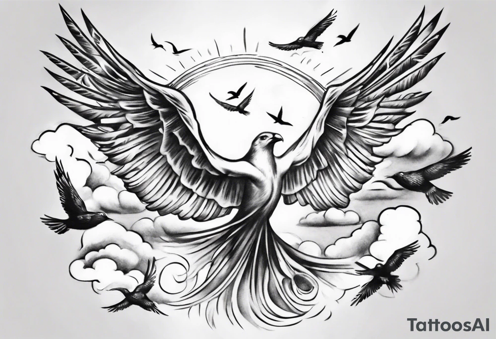 a shoulder tattoo with rays of light, clouds and birds flying free tattoo idea