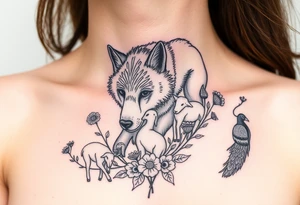 Wolf in sheep's clothing prowling around flower weeds with lambs and goats and peacocks tattoo idea