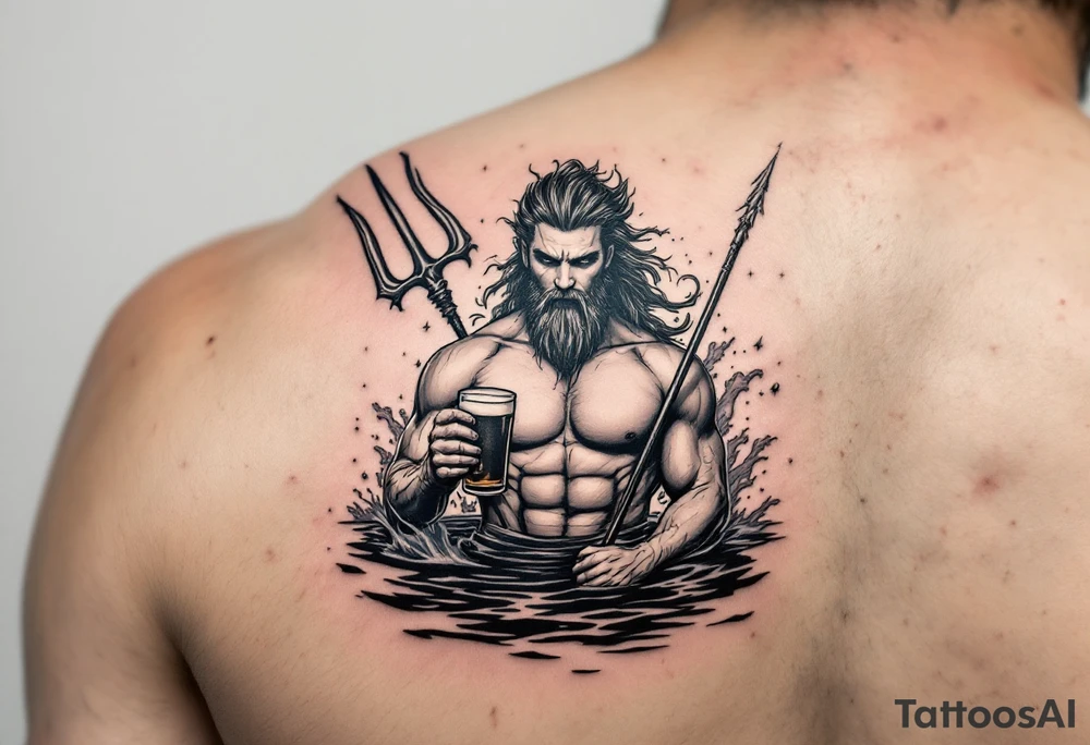 young, fit poseidon in calm water, behind a trident, holding a beer, with storm tattoo idea