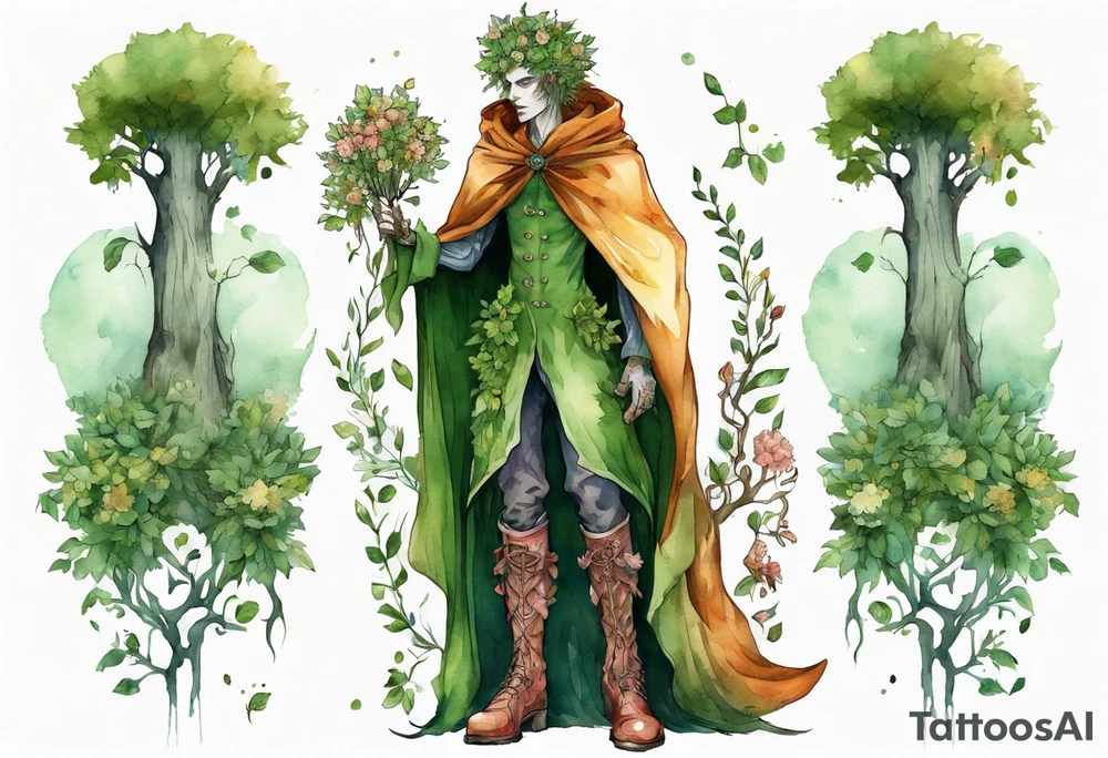 A tall, beautiful tree-man hybrid with flower hair and a cloak made of leaves. Wearing floral medieval boots. tattoo idea