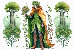 A tall, beautiful tree-man hybrid with flower hair and a cloak made of leaves. Wearing floral medieval boots. tattoo idea