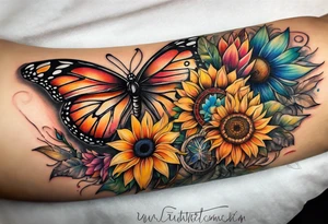Quarter Leg sleeve with dreamcatcher, rainbow sunflowers and one butterfly tattoo idea