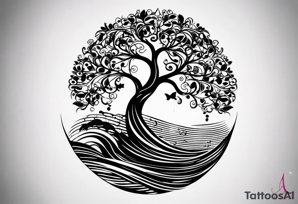 an abstract Tree of Life tattoo. It should have roots growing out of the bottom. The roots slowly turn into water from the Great Wave by Hokusai. A golf flag should be placed discreetly growing out of the ground. 2 license plate tags should be hanging from the tree. Place a few music notes in the areas the leaves should be. The letters A U should be engraving into the tree trunk in a heart. Not inside a circle. The overall shape of the tattoo should be organic. Black and white only. tattoo idea