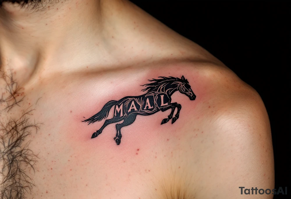 horse silhouette 
from the front which gallops from the front, with the 3 small letters discreetly integrated: M, A, L tattoo idea