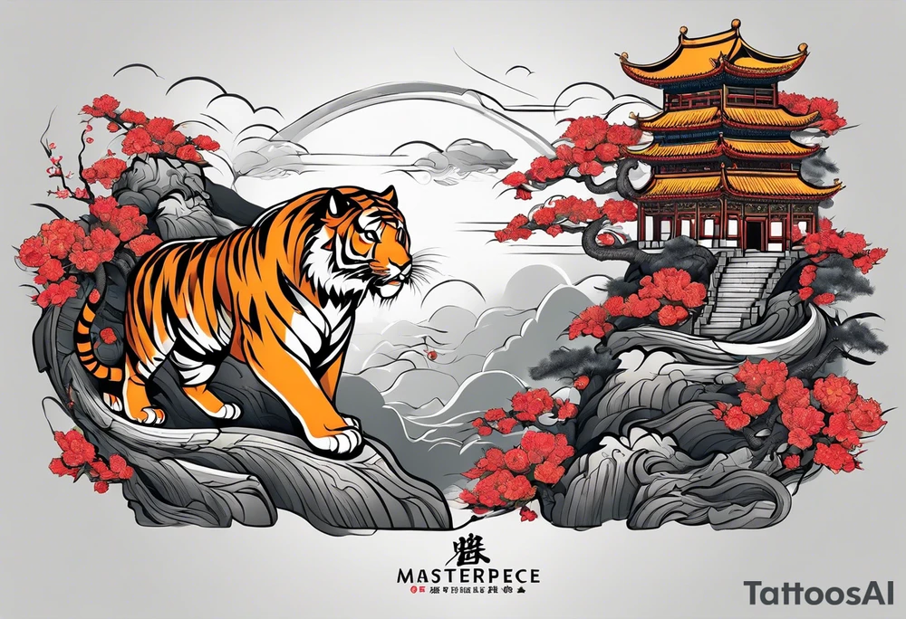 In English:

Create for me a tattoo in the Chinese style featuring a tiger, a rat, a snake, the Great Wall of China, and a temple. tattoo idea