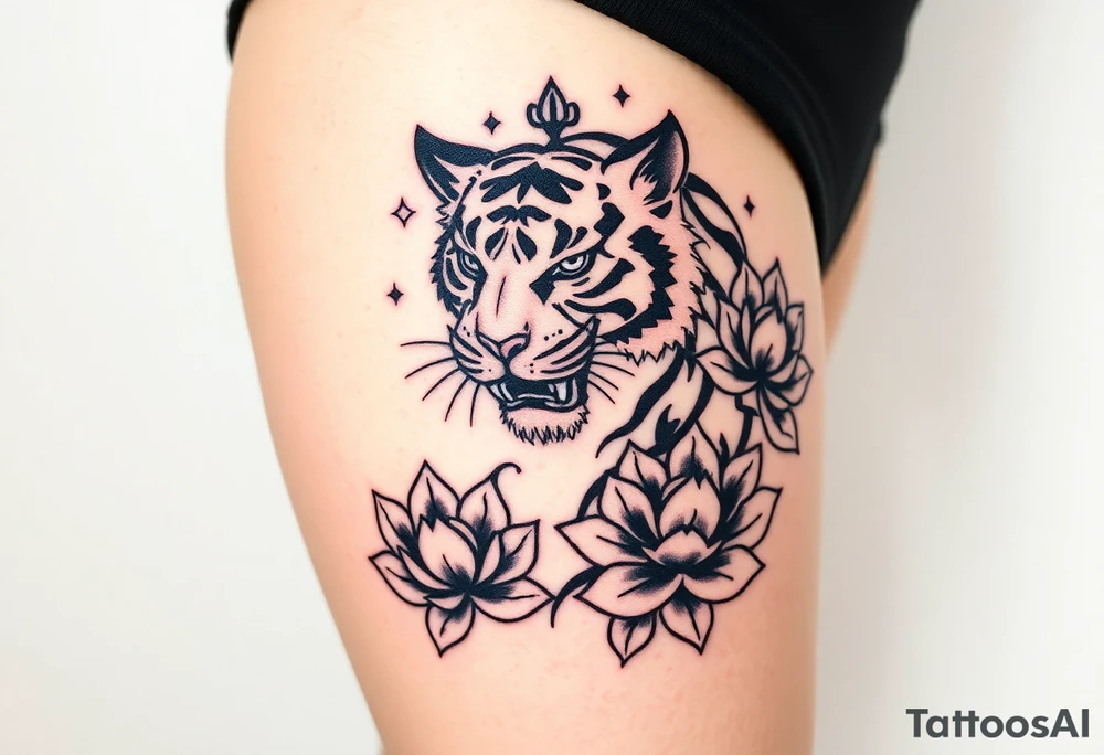 fierce tiger emerging through blooming lotus flowers in mist tattoo idea