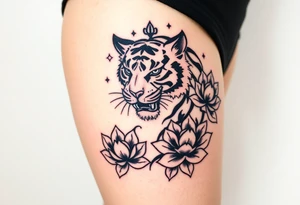 fierce tiger emerging through blooming lotus flowers in mist tattoo idea