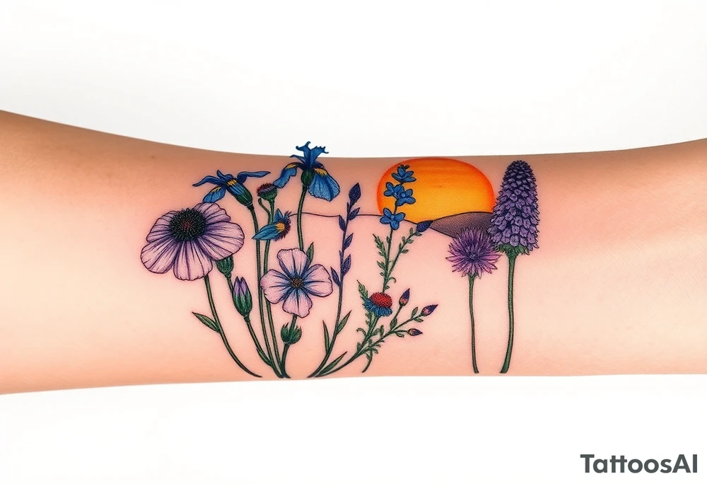 a bunch of cutleaf coneflower, blue flag iris, bee balm, obedient plant, purple coneflower on a hill with a sunset tattoo idea