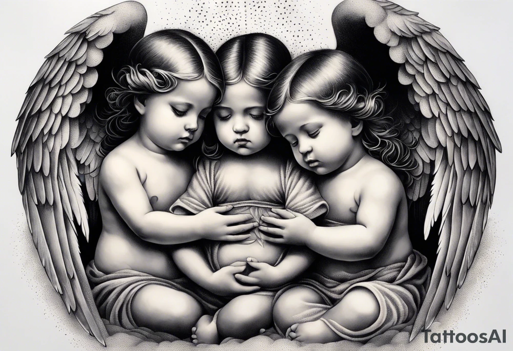 Six angels praying together. The two boy angels are on either side of the three girl angel, with their wings gently enfolding a baby angel in a protective embrace tattoo idea