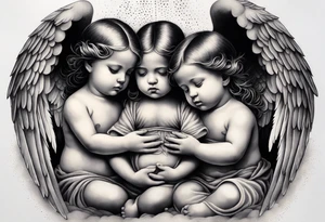 Six angels praying together. The two boy angels are on either side of the three girl angel, with their wings gently enfolding a baby angel in a protective embrace tattoo idea