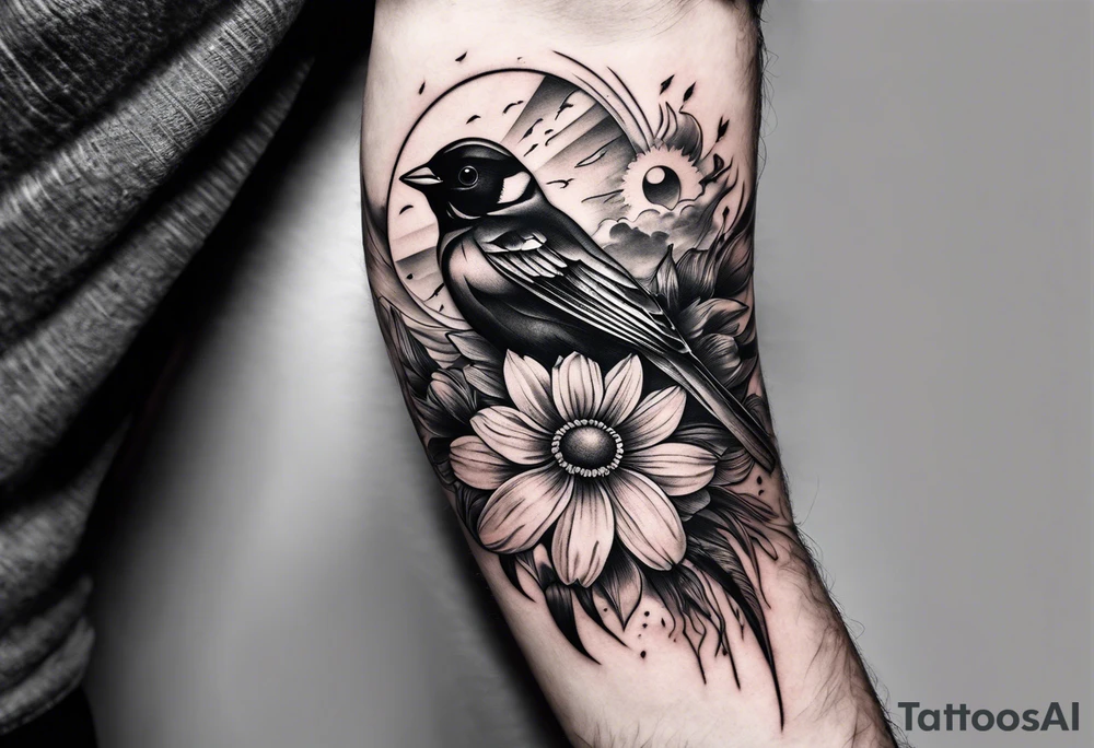 mens neck sleeve sparrow, om symbol, cosmos, iris, daisy, sun rays clouds tattoo idea