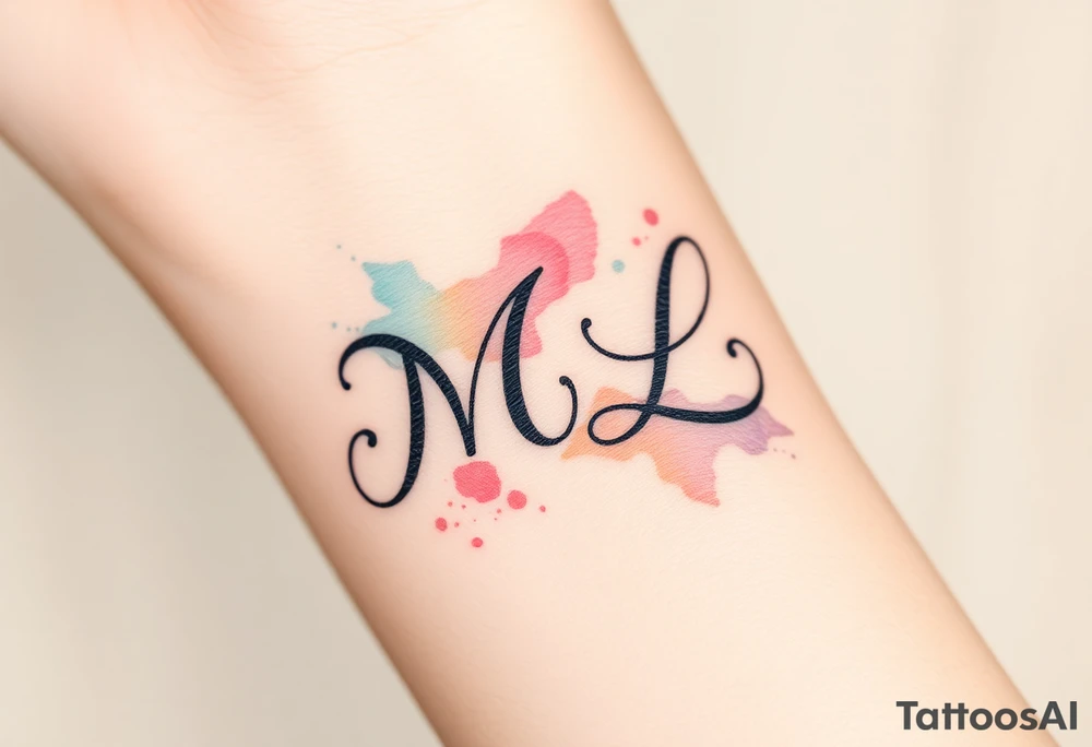 A mother and child’s initials (M and L) intertwined in a flowing script, with soft pastel watercolor splashes in the background tattoo idea