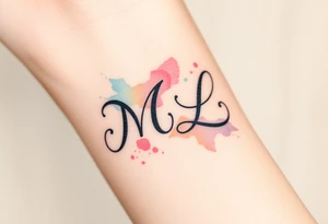 A mother and child’s initials (M and L) intertwined in a flowing script, with soft pastel watercolor splashes in the background tattoo idea