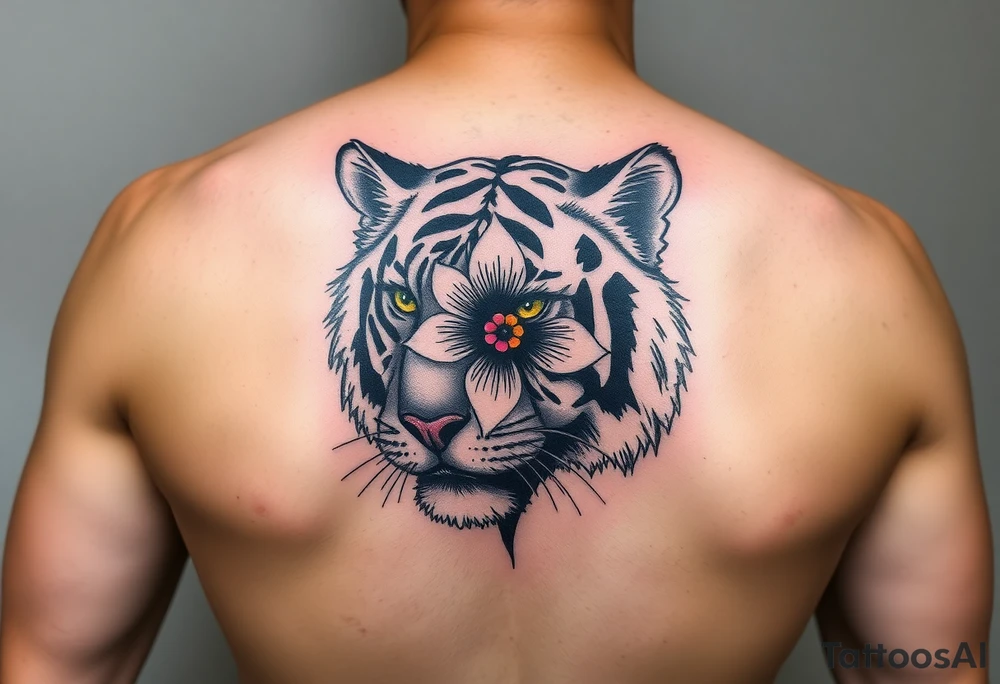 tiger with flower in the pupil of the eye bright colors trash polka tattoo idea