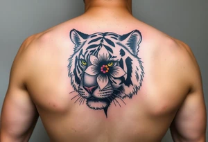 tiger with flower in the pupil of the eye bright colors trash polka tattoo idea