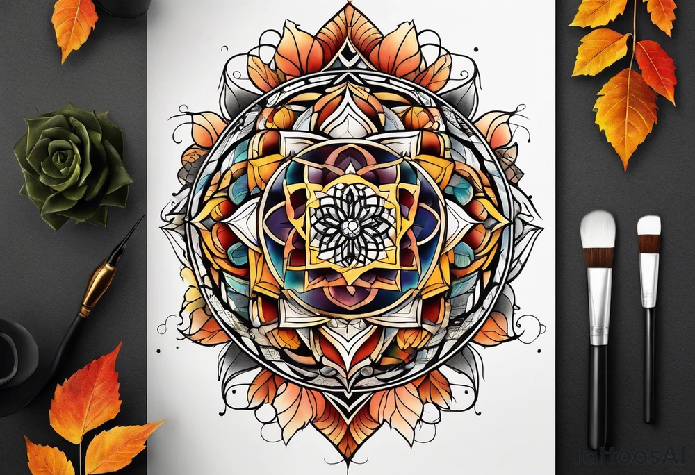 front knee tattoo with sacred geometry, swirls & washes, background and in fall colors tattoo idea