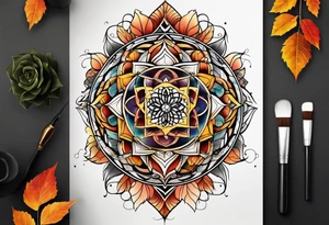 front knee tattoo with sacred geometry, swirls & washes, background and in fall colors tattoo idea