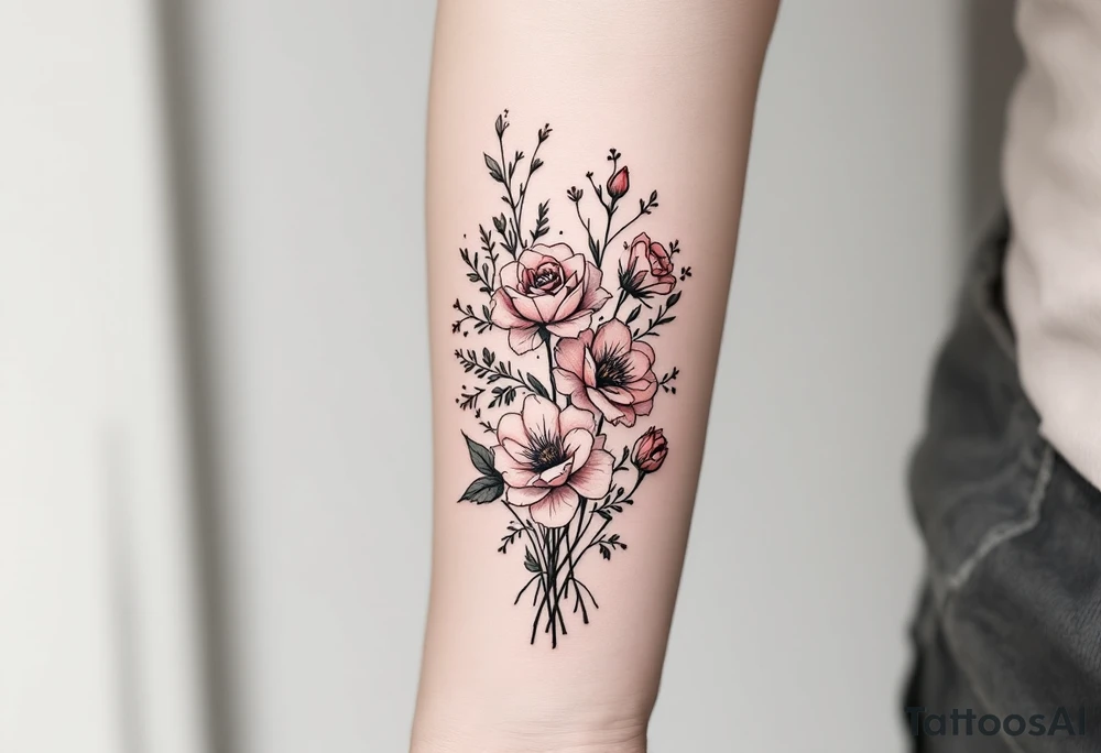 vintage bouquet of wild roses and meadow flowers with morning dew tattoo idea