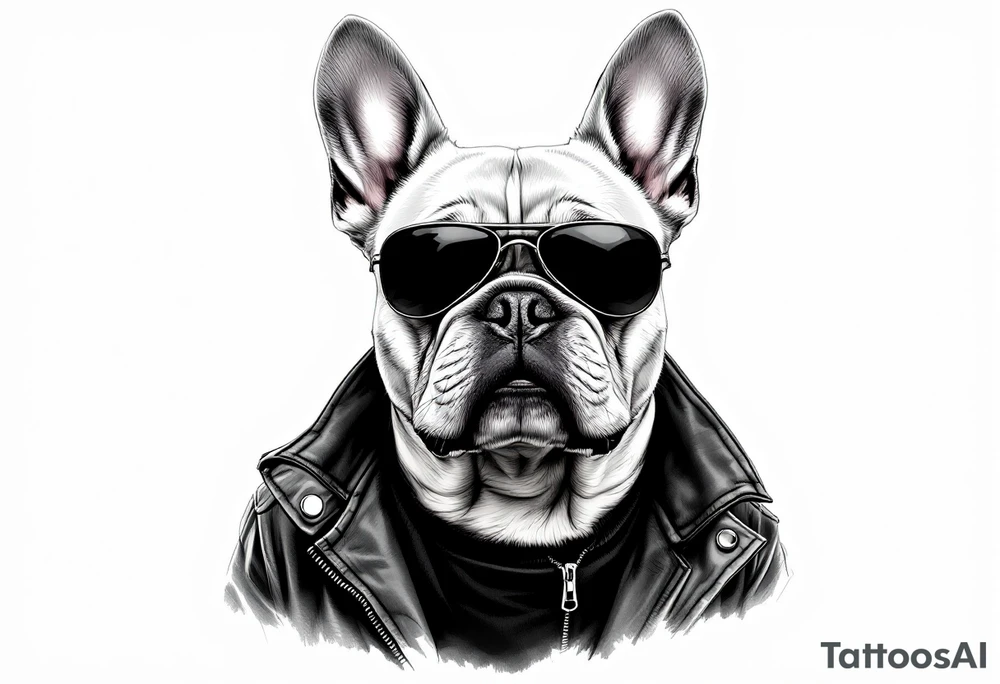 French Bulldog with sunglasses and a leather jacket, looking cool and stylish, light cream coat with dark lenses and black outfit. tattoo idea