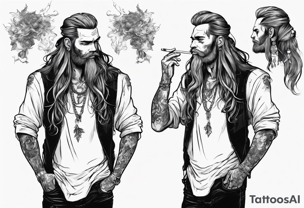 A man standing full-length, with long hair, smoking a cigarette, with earrings in his ears, no headgear tattoo idea