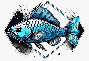 Trash polka blue and black fly fishing theme rib piece. A small about of hexagon pattern. tattoo idea
