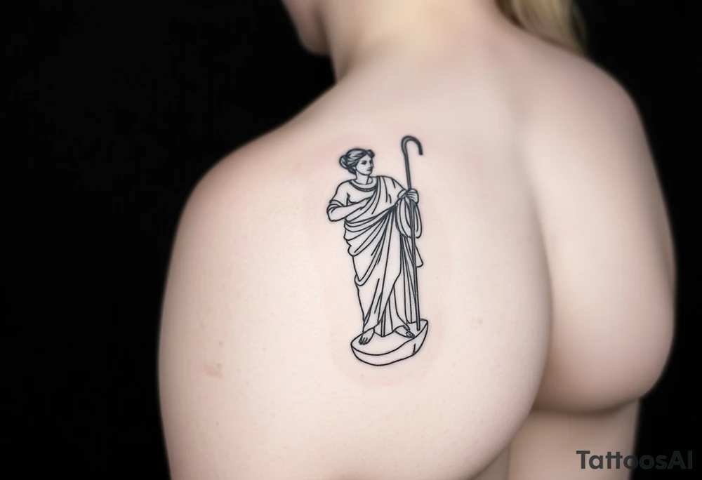 outer thigh tattoo greek sculpture female, fine line tattoo idea