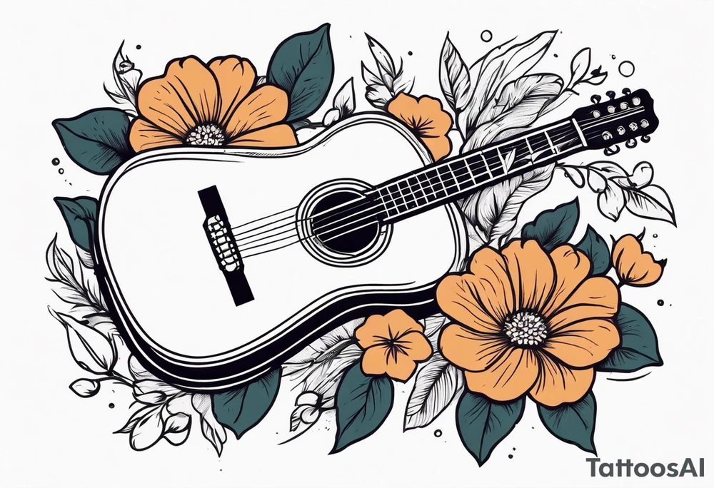 old school traditional vintage style design of guitar with flowers surrounding it tattoo idea