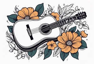 old school traditional vintage style design of guitar with flowers surrounding it tattoo idea