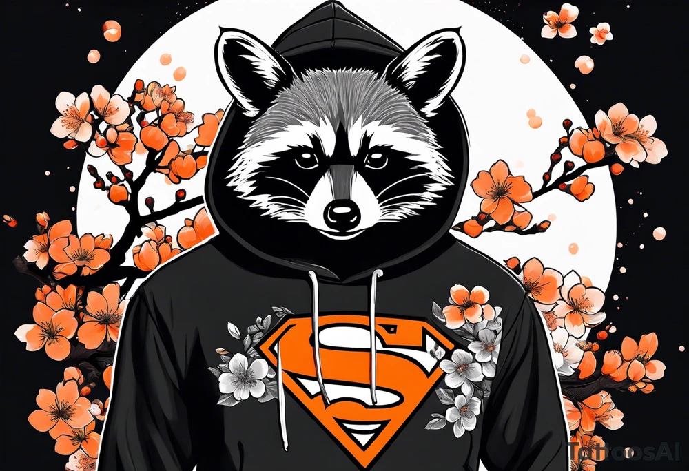 Raccoon wearing a white Superman logo on a black hoodie and orange Japanese cherry blossoms tattoo idea