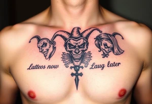 jester see no evil hear no evil speak no evil laugh now cry later together tattoo idea