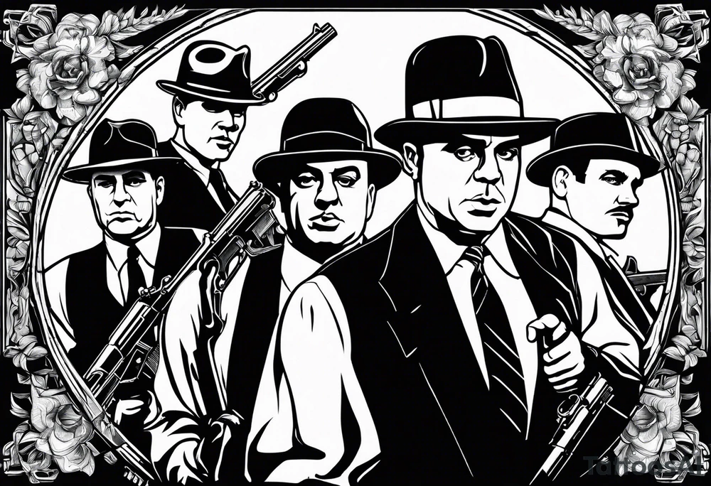 group of gangsters standing together including Al Capone, John Dillinger, Machine Gun Kelley, Bonnie and Clyde along with tommy guns, gatling gun and sawed off shot guns with bullets flying tattoo idea