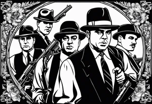 group of gangsters standing together including Al Capone, John Dillinger, Machine Gun Kelley, Bonnie and Clyde along with tommy guns, gatling gun and sawed off shot guns with bullets flying tattoo idea