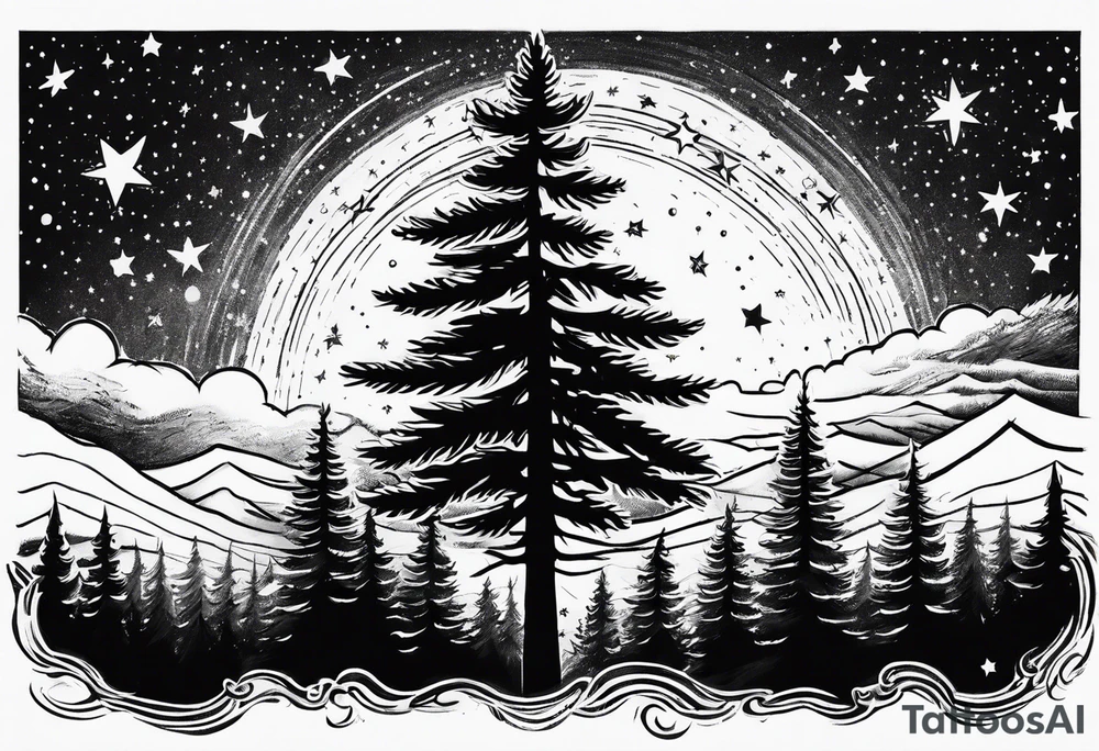 pine trees with stars in the sky tattoo idea