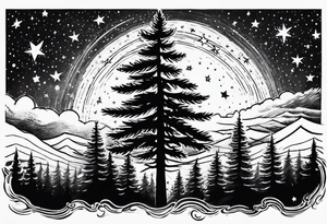 pine trees with stars in the sky tattoo idea